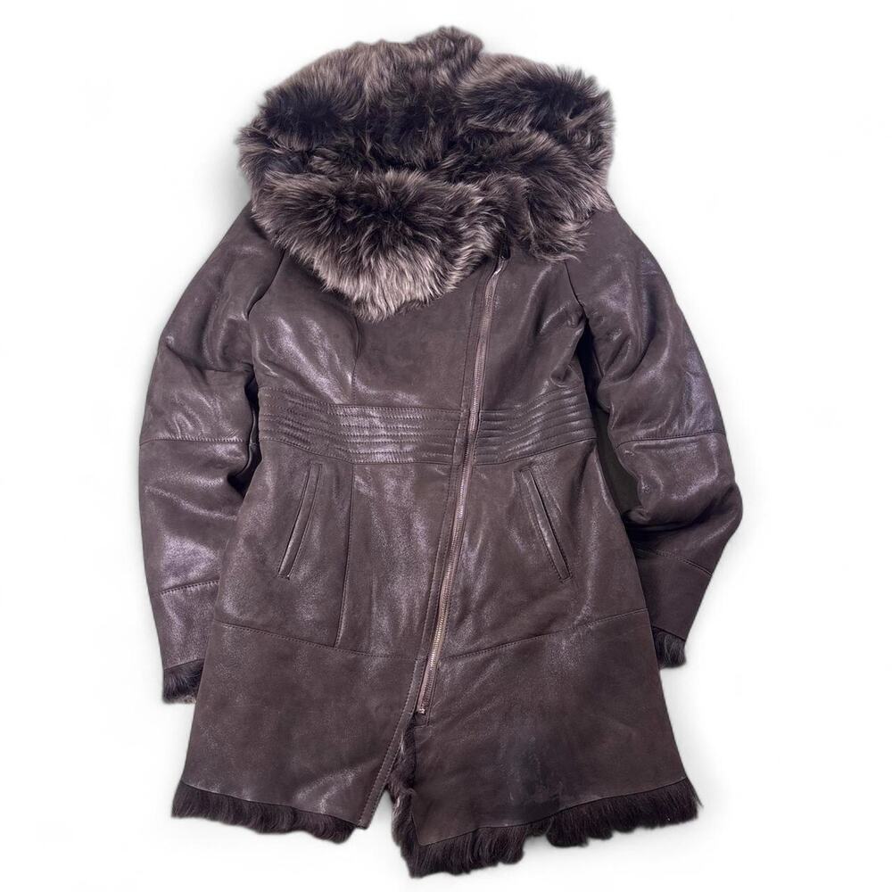 Victoria Women’s Sheepskin Shearling Leather Coat Size Large Brown Hooded Jacket